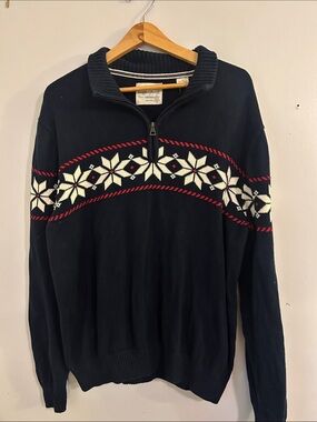 Weatherproof Navy Zip-Up Sweater with White & Red Snowflake Band